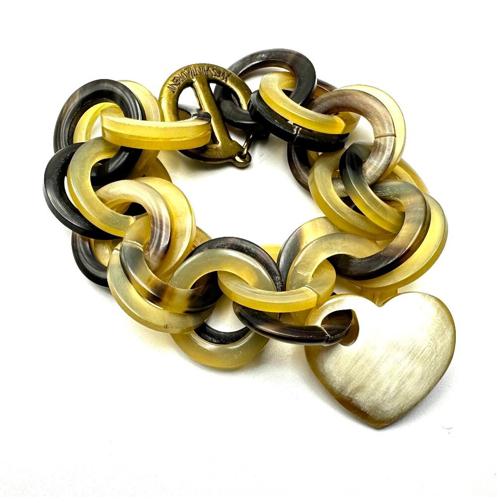 Vintage 1980s YSL Carved Horn Chain Link Bracelet— Heart Charm — Signed — EUC